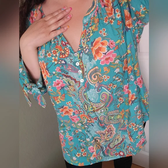 FINAL PRICE Teal Tropical Print Blouse - Picture 1 of 11